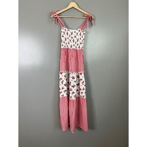 Bebop gingham checkered strawberry print smocked maxi midi dress peasant